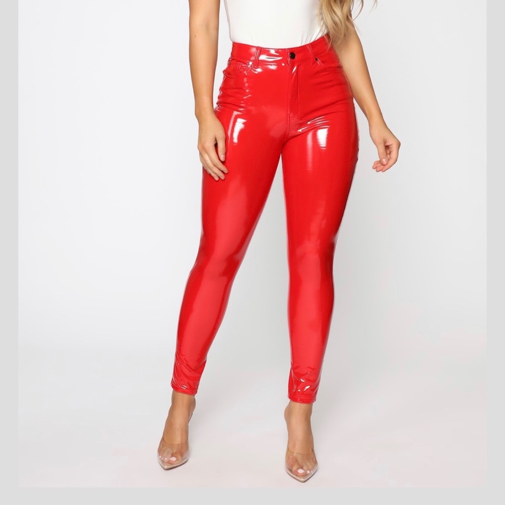 Red laxex/vinyl pants